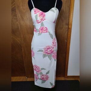 Floral Bodycon Dress in White and Pink